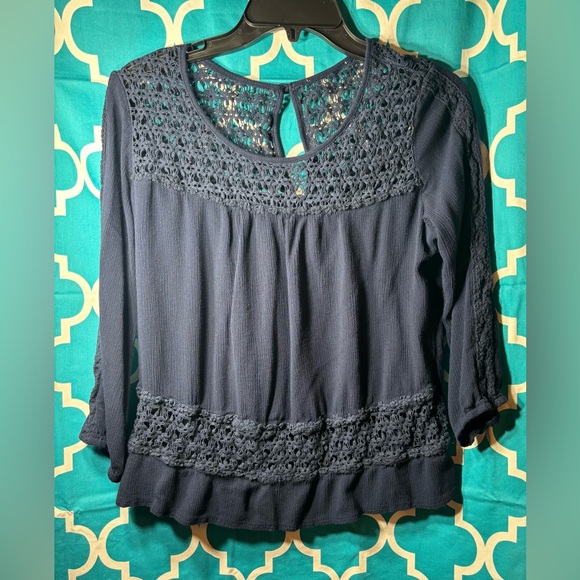 Navy Blue Boho Scoop Neck Shirt 1/2 Sleeves Women’s Size Large EPC No Tags - Picture 1 of 3